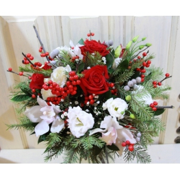 bouquet of white orchids, red roses, red winterberries, lisianthus
